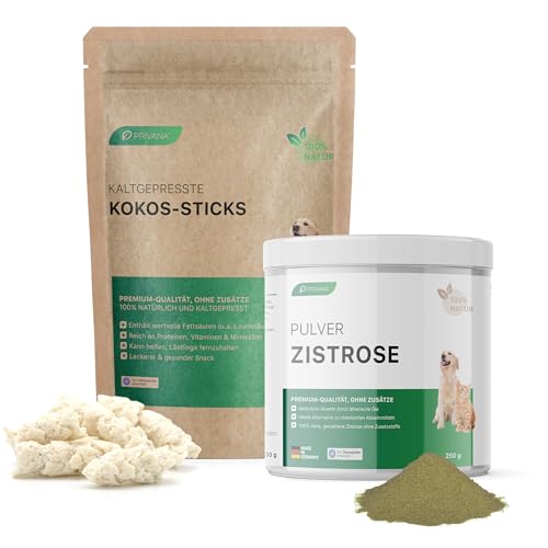 PRIVANA Kombi-Set mit Kokos-Sticks für Hunde (500g) und Zistrose (250g) - Gesunder Snack aus Kokospresskuchen und Zistrosenkraut (Cistus incanus) von Privana