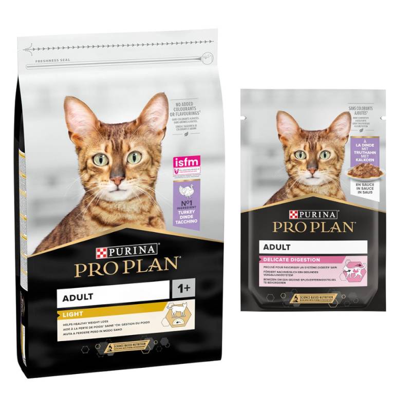 10 kg PURINA PRO PLAN + 6 x 85 g / 10 x 75 g passendes Nassfutter gratis! - 10 kg Adult Delicate Digestion reich an Truthahn + 6 x 85 g Truthahn von Pro Plan