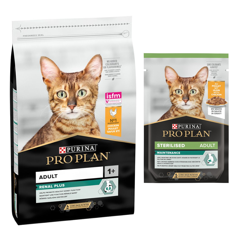 10 kg PURINA PRO PLAN + 6 x 85 g / 10 x 75 g passendes Nassfutter gratis! - 10 kg Adult Renal Plus reich an Huhn + 6 x 85 g Sterilised Adult Maintenance Huhn von Pro Plan