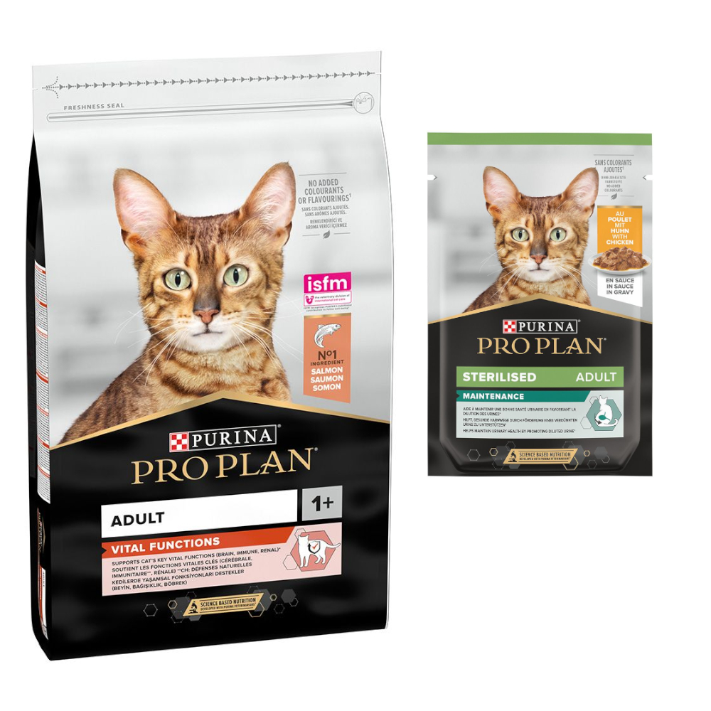 10 kg PURINA PRO PLAN + 6 x 85 g / 10 x 75 g passendes Nassfutter gratis! - 10 kg Adult Vital Functions Lachs + 6 x 85 g Sterilised Adult Maintenance Huhn von Pro Plan