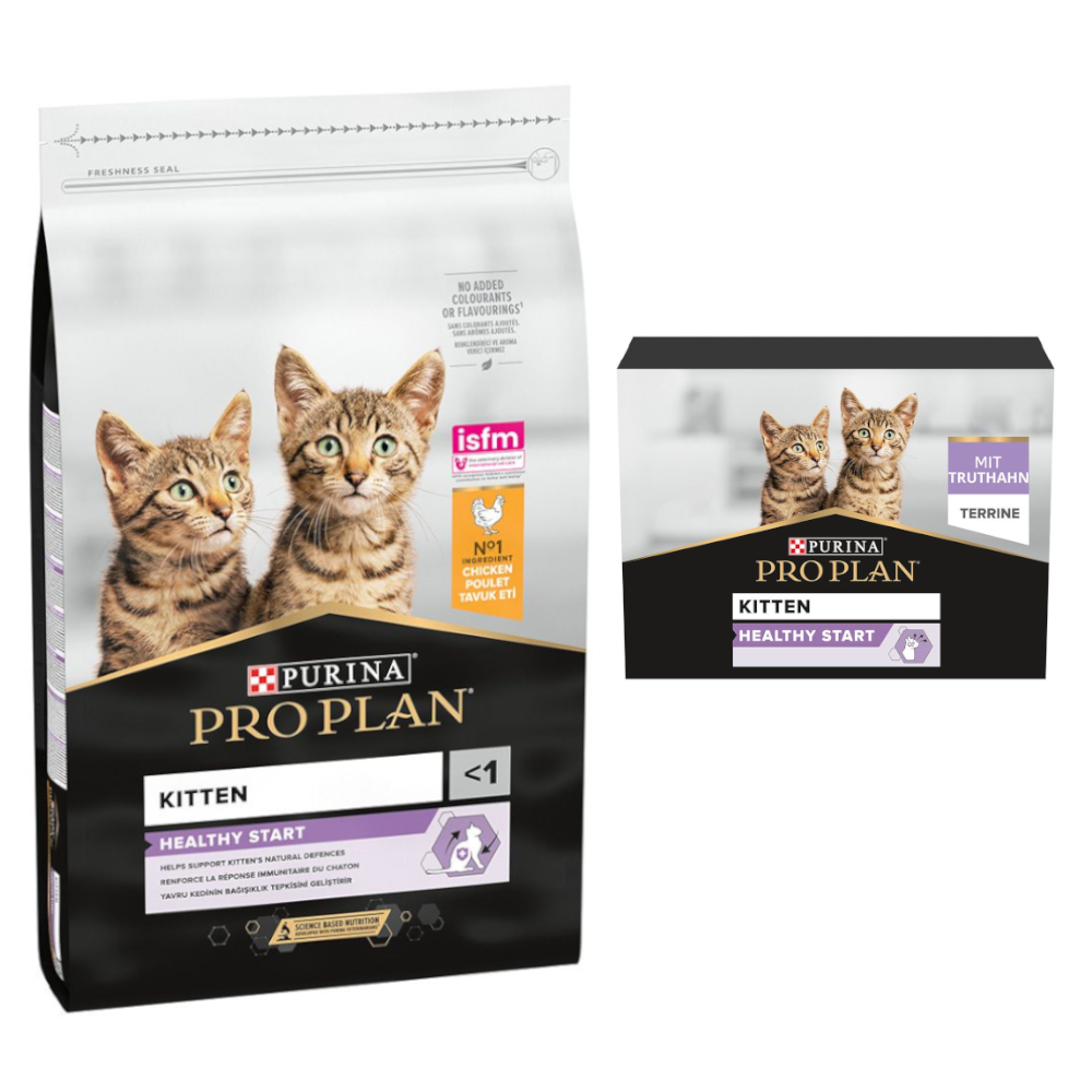 10 kg PURINA PRO PLAN + 6 x 85 g / 10 x 75 g passendes Nassfutter gratis! - 10 kg Kitten Healthy Start reich an Huhn + 10 x 75 g Kitten Healthy Start Truthahn von Pro Plan