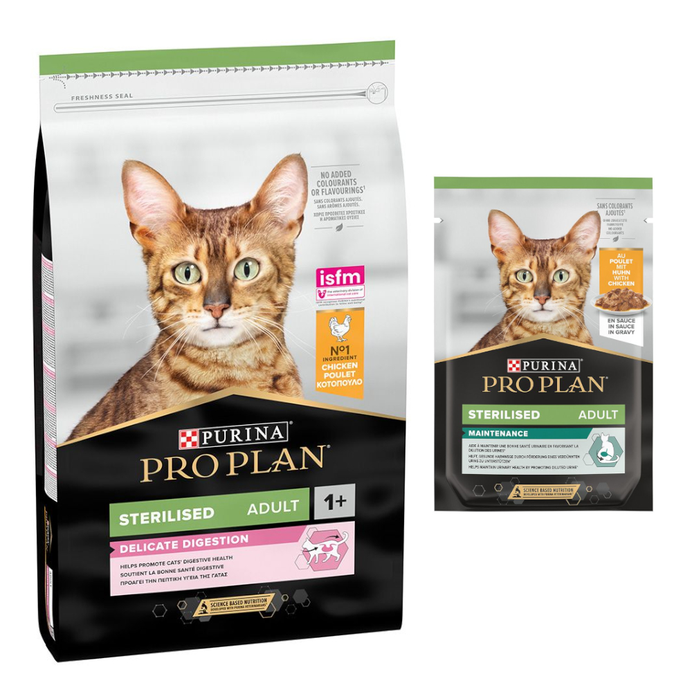 10 kg PURINA PRO PLAN + 6 x 85 g / 10 x 75 g passendes Nassfutter gratis! - 10 kg Sterilised Adult Delicate Digestion + 6 x 85 g Sterilised Adult Maintenance Huhn von Pro Plan