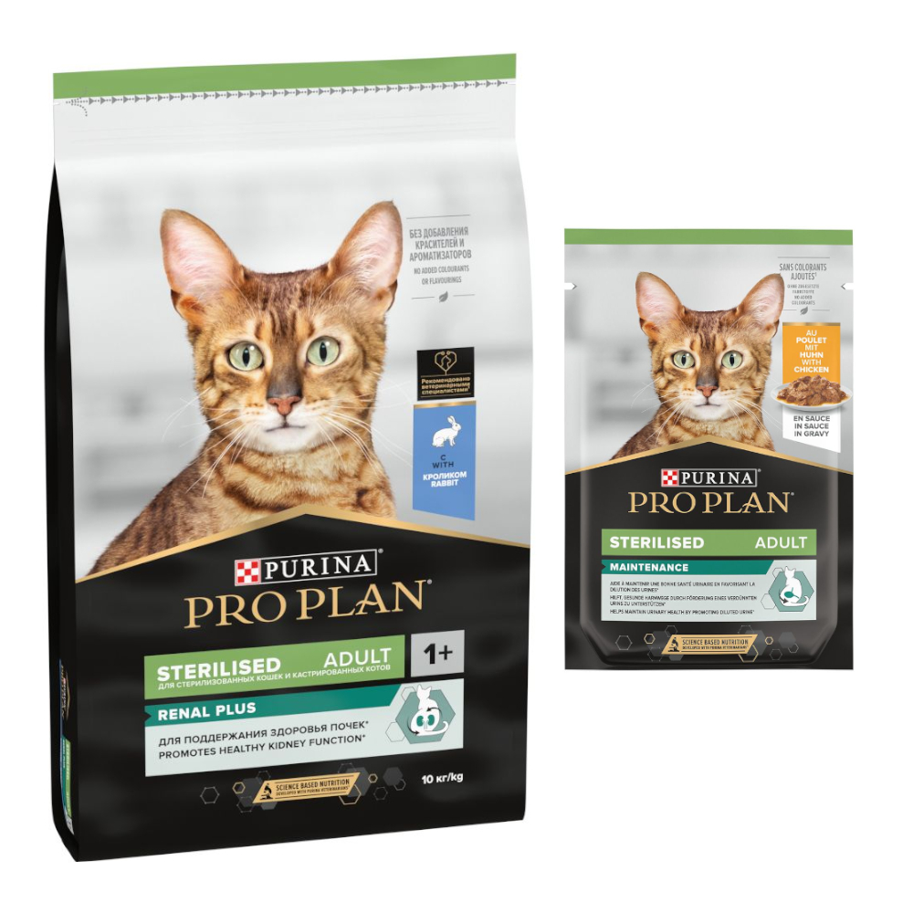 10 kg PURINA PRO PLAN + 6 x 85 g / 10 x 75 g passendes Nassfutter gratis! - 10 kg Sterilised Adult Renal Plus Kaninchen + 6 x 85 g Sterilised Adult Maintenance Huhn von Pro Plan