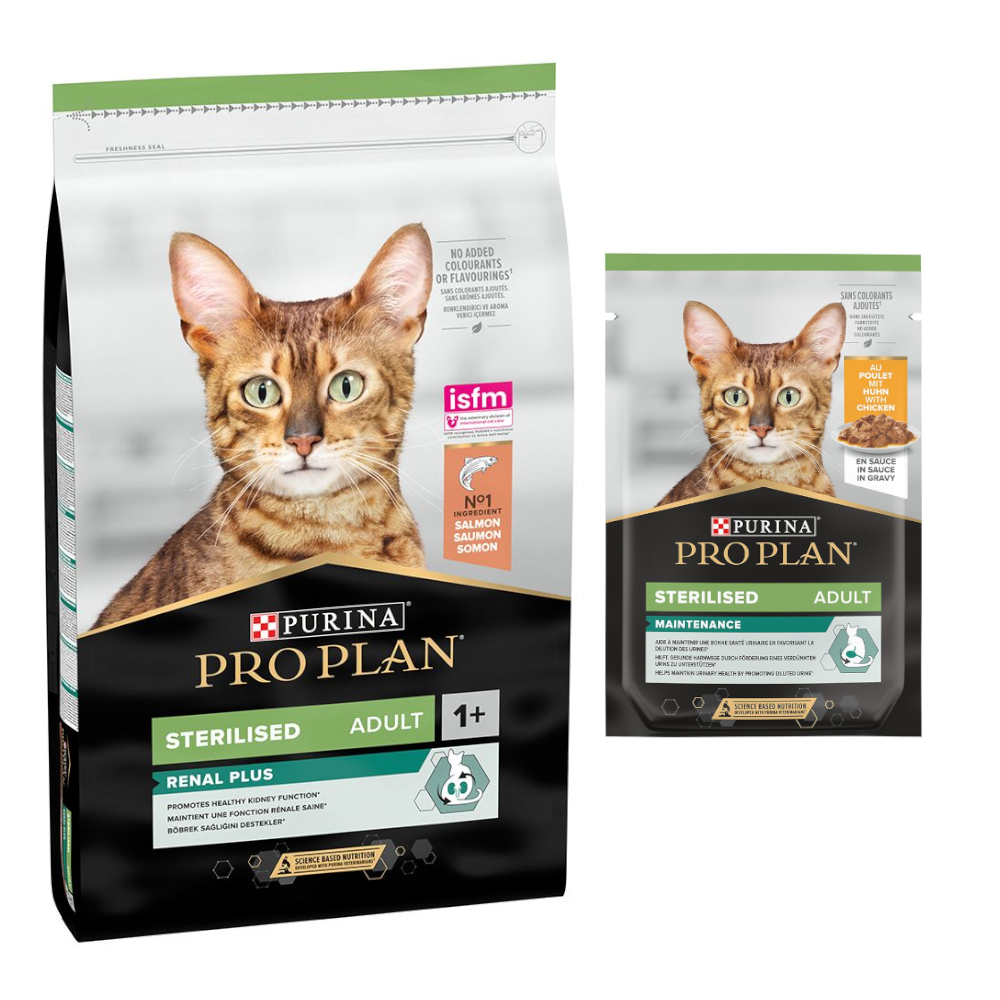 10 kg PURINA PRO PLAN + 6 x 85 g / 10 x 75 g passendes Nassfutter gratis! - 10 kg Sterilised Adult Renal Plus Lachs + 6 x 85 g Sterilised Adult Maintenance Huhn von Pro Plan