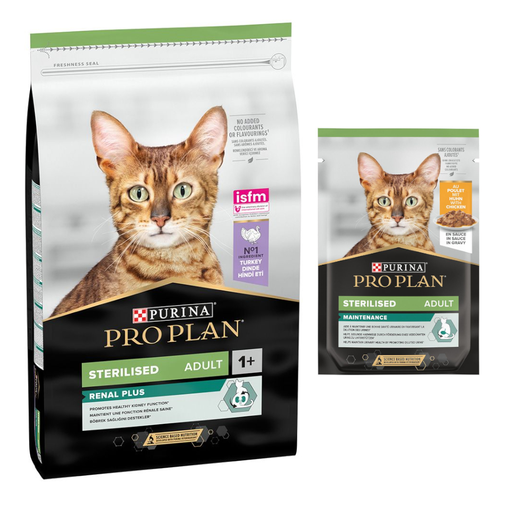 10 kg PURINA PRO PLAN + 6 x 85 g / 10 x 75 g passendes Nassfutter gratis! - 10 kg Sterilised Adult Renal Plus Truthahn + 6 x 85 g Sterilised Adult Maintenance Huhn von Pro Plan