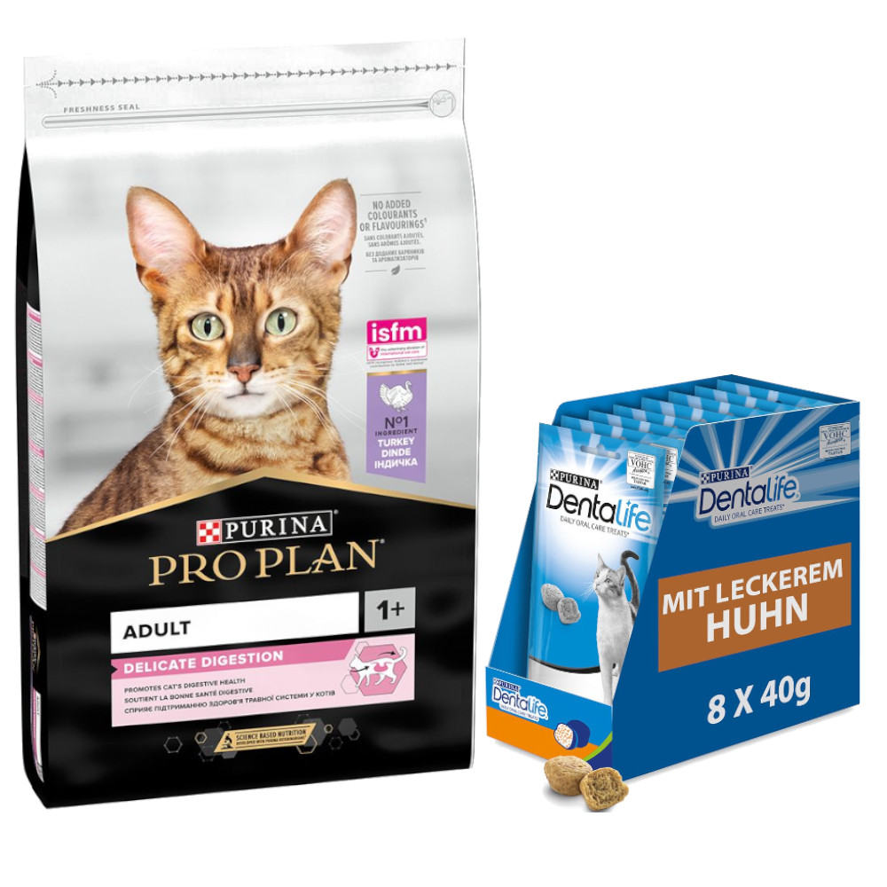 10 kg PURINA PRO PLAN + 8 x 40 g Dentalife Tägliche Zahnpflege-Snacks gratis! - Adult Delicate Digestion reich an Truthahn von Pro Plan