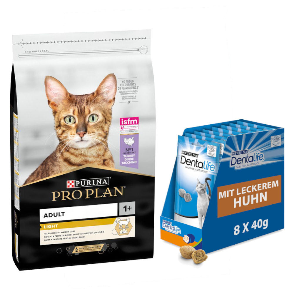 10 kg PURINA PRO PLAN + 8 x 40 g Dentalife Tägliche Zahnpflege-Snacks gratis! - Light Adult reich an Truthahn von Pro Plan