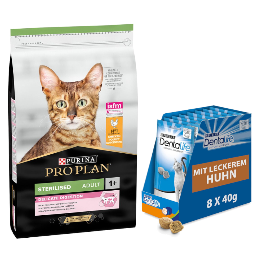 10 kg PURINA PRO PLAN + 8 x 40 g Dentalife Tägliche Zahnpflege-Snacks gratis! - Sterilised Adult Delicate Digestion von Pro Plan