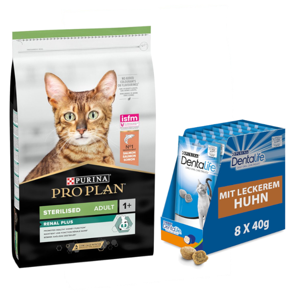 10 kg PURINA PRO PLAN + 8 x 40 g Dentalife Tägliche Zahnpflege-Snacks gratis! - Sterilised Adult Renal Plus Lachs von Pro Plan