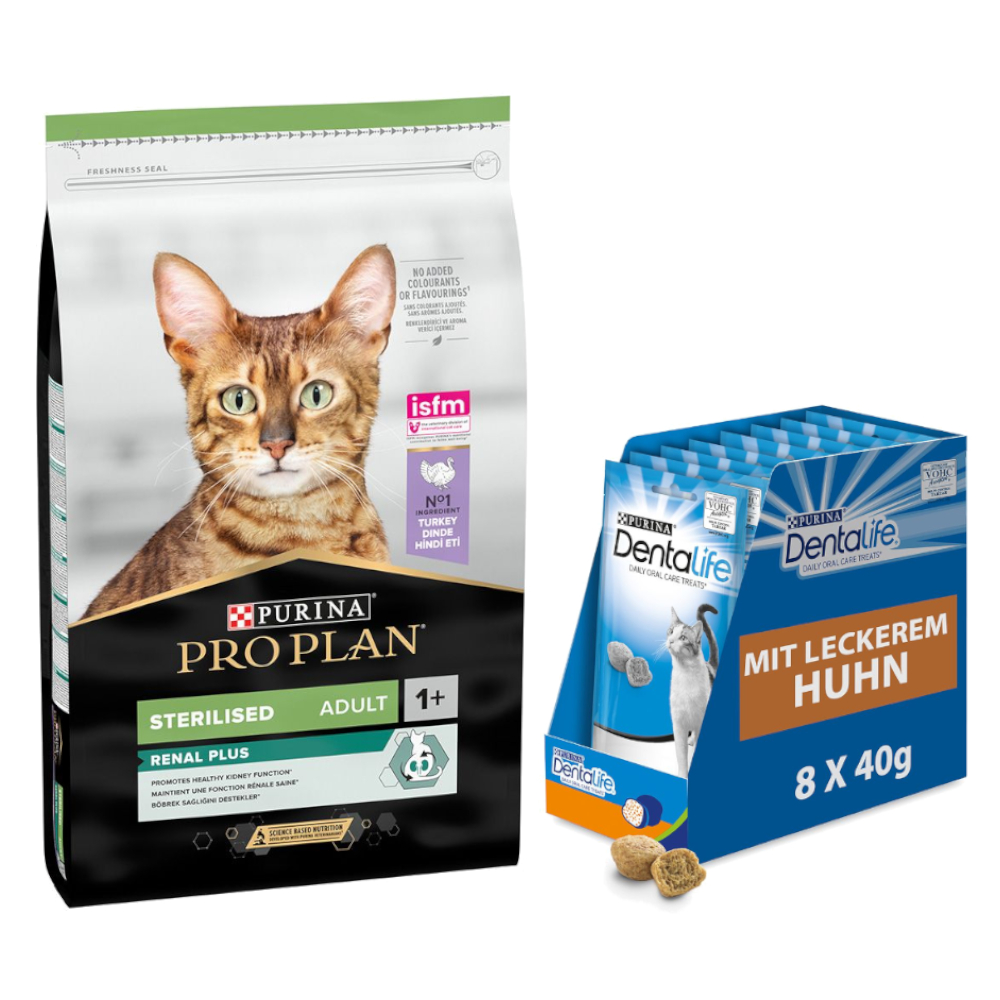 10 kg PURINA PRO PLAN + 8 x 40 g Dentalife Tägliche Zahnpflege-Snacks gratis! - Sterilised Adult Renal Plus Truthahn von Pro Plan