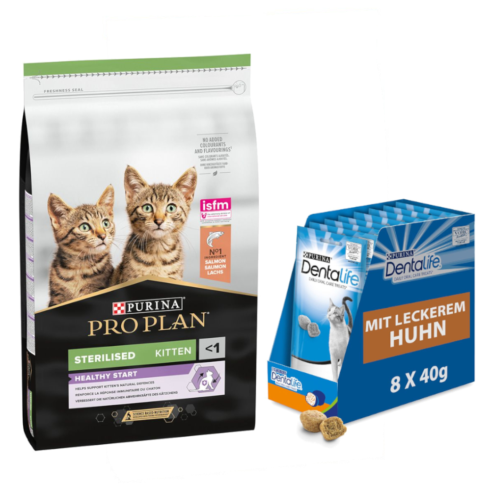 10 kg PURINA PRO PLAN + 8 x 40 g Dentalife Tägliche Zahnpflege-Snacks gratis! - Sterilised Kitten Healthy Start Lachs von Pro Plan