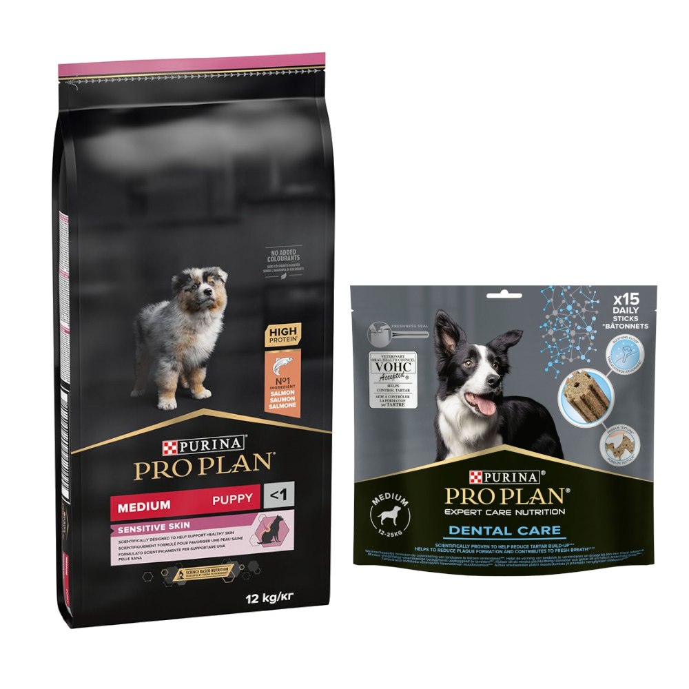 12 kg PURINA PRO PLAN Puppy + Dental Care passender Snack gratis! - Medium Sensitive Skin + Medium Dog 345 g 12 kg PURINA PRO PLAN Puppy + Dental Care passender Snack gratis! - Medium Sensitive Skin + Medium Dog 345 g von Pro Plan