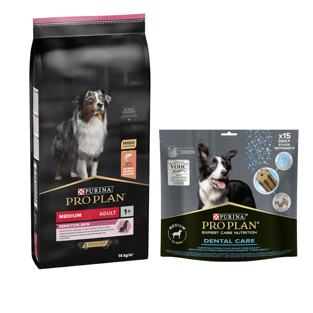14 kg PURINA PRO PLAN Adult + Dental Care passender Snack gratis! - Medium Sensitive Skin + Medium Dog 345 g 14 kg PURINA PRO PLAN Adult + Dental Care passender Snack gratis! - Medium Sensitive Skin + Medium Dog 345 g von Pro Plan