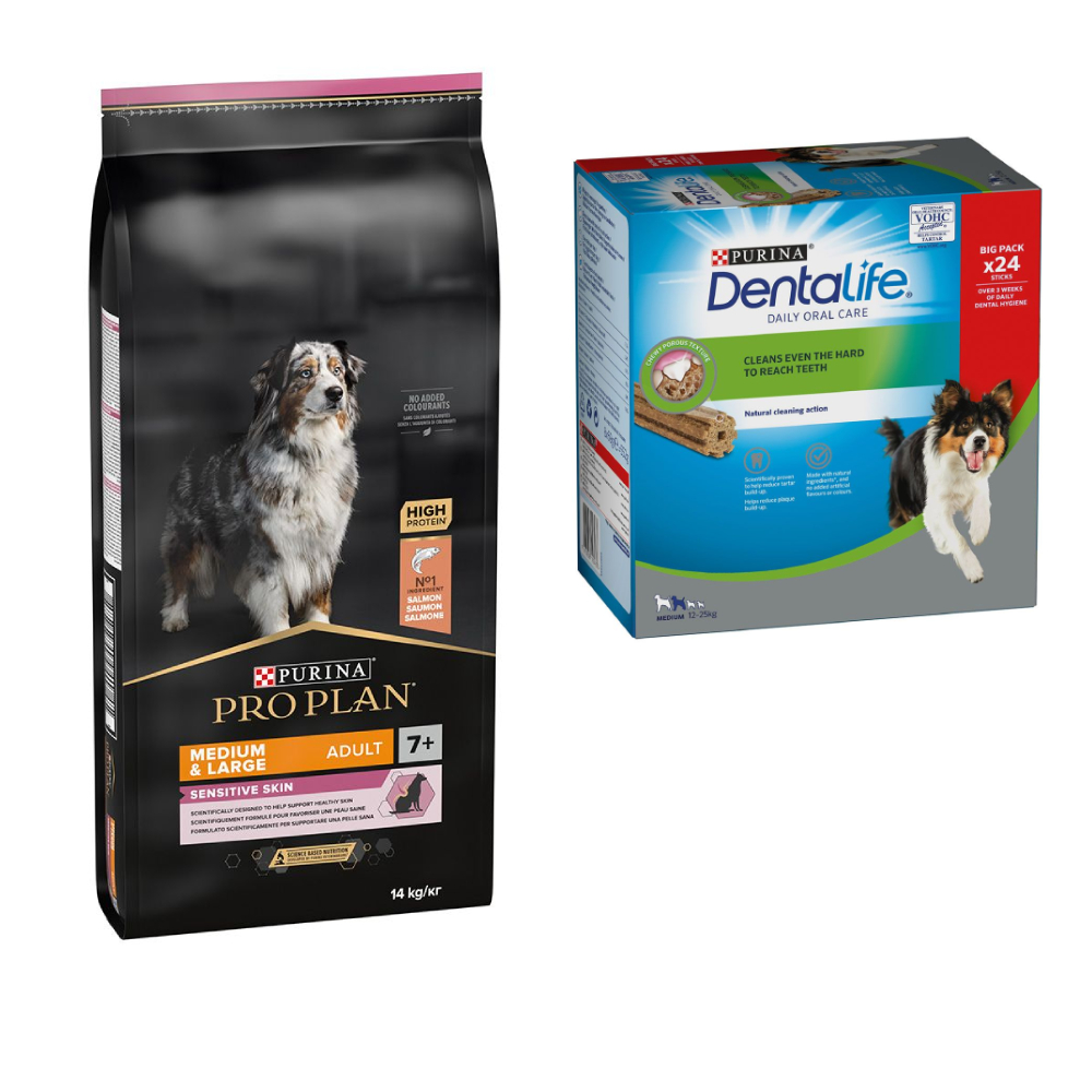 7 kg / 12 kg / 14 kg PURINA PRO PLAN + passende Dentalife Snacks gratis! - 14 kg Medium & Large Adult 7+ Sensitive Skin +  24 Sticks für mittelgroße Hunde von Pro Plan