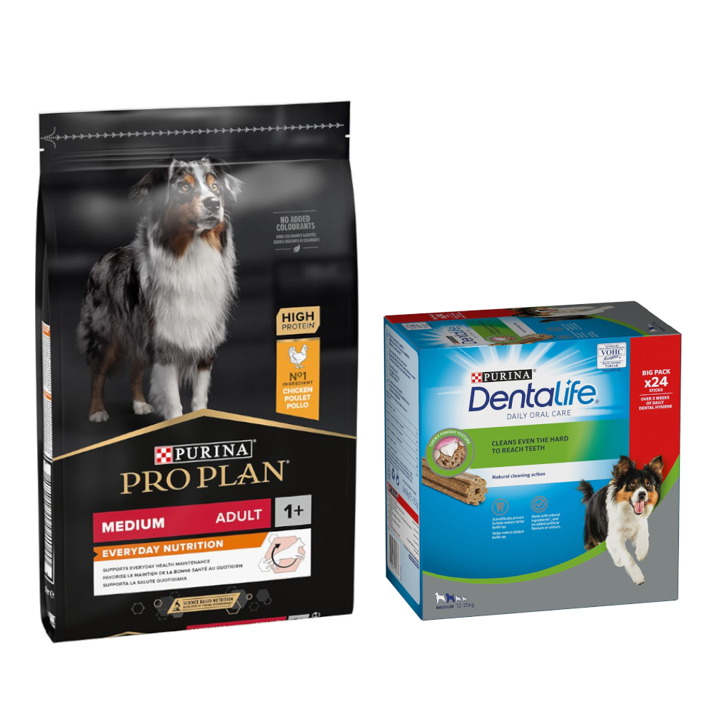 7 kg / 12 kg / 14 kg PURINA PRO PLAN + passende Dentalife Snacks gratis! - 7 kg Medium Adult Everyday Nutrition + 24 Sticks für mittelgroße Hunde von Pro Plan