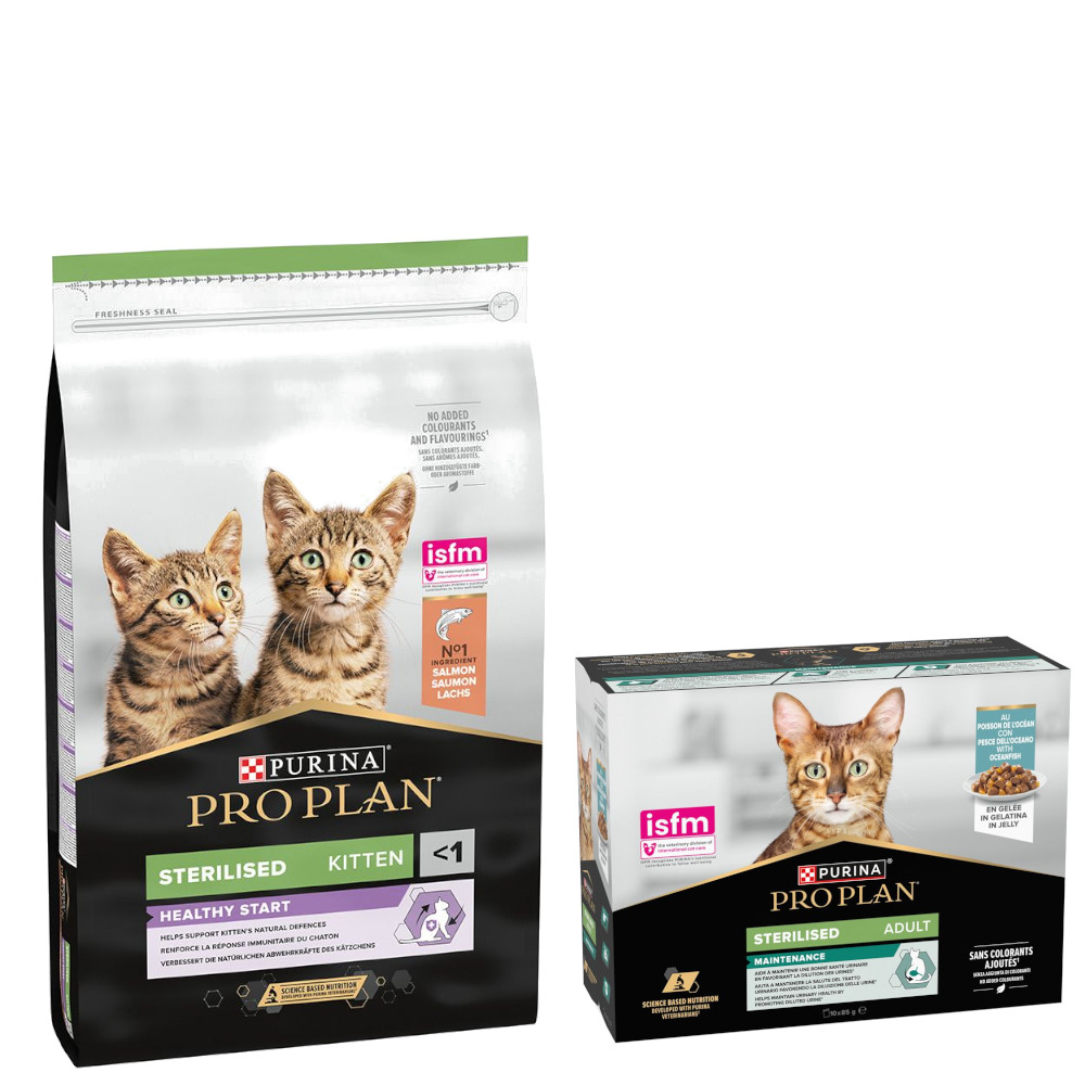 PURINA PRO PLAN Trockenfutter + 10 x 85 g Sterilised Adult Maintenance gratis! - 10 kg Sterilised Kitten Healthy Start Lachs PURINA PRO PLAN Trockenfutter + 10 x 85 g Sterilised Adult Maintenance gratis! - 10 kg Sterilised Kitten Healthy Start Lachs von Pro Plan