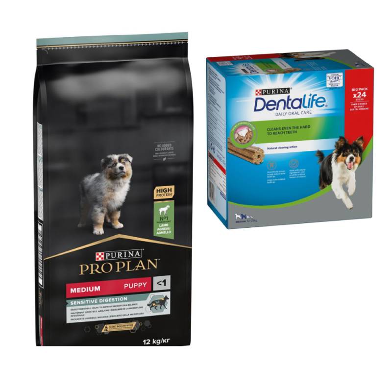 PURINA PRO PLAN Trockenfutter + passende Dentalife Snacks gratis! - 12 kg Medium Puppy Lamm & Reis Sensitive Digestion + 24 Sticks für mittelgroße Hunde von Pro Plan