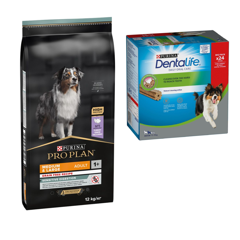 PURINA PRO PLAN Trockenfutter + passende Dentalife Snacks gratis! - 12 kg Medium & Large Adult Sensitive Digestion Getreidefrei + 24 Sticks für mittelgroße Hunde von Pro Plan