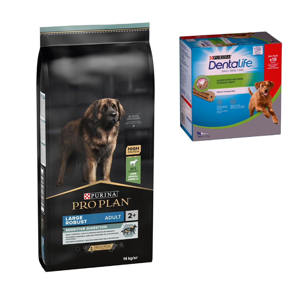 PURINA PRO PLAN Trockenfutter + passende Dentalife Snacks gratis! - 14 kg Large Adult Robust Lamm & Reis Sensitive Digestion + 18 Sticks für große Hunde von Pro Plan