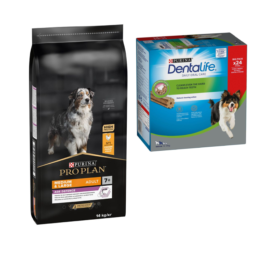 PURINA PRO PLAN Trockenfutter + passende Dentalife Snacks gratis! - 14 kg Medium & Large Adult 7+ Age Defence + 24 Sticks für mittelgroße Hunde von Pro Plan