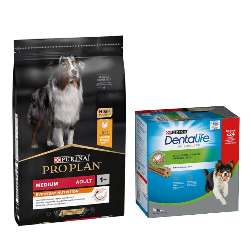 PURINA PRO PLAN Trockenfutter + passende Dentalife Snacks gratis! - 7 kg Medium Adult Everyday Nutrition + 24 Sticks für mittelgroße Hunde von Pro Plan