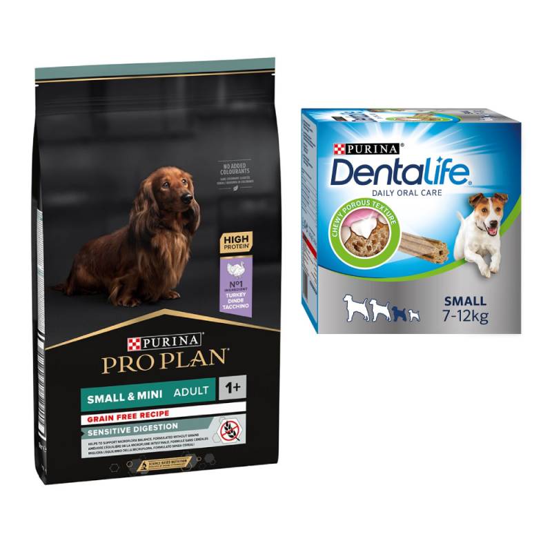 PURINA PRO PLAN Trockenfutter + passende Dentalife Snacks gratis! - 7 kg Small & Mini Adult Sensitive Digestion Getreidefrei + 60 Sticks für kleine Hunde von Pro Plan