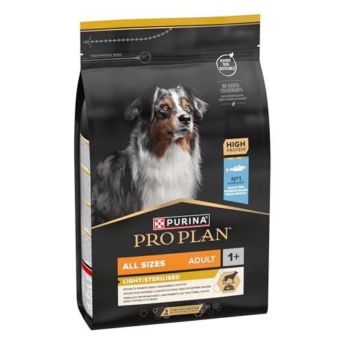 Purina Pro Plan Light/Sterilized Hundefutter für Erwachsene, sterilisiert, leicht, Gewichtskontrolle mit weißem Fisch, 4 Beutel à 3 kg von Pro Plan