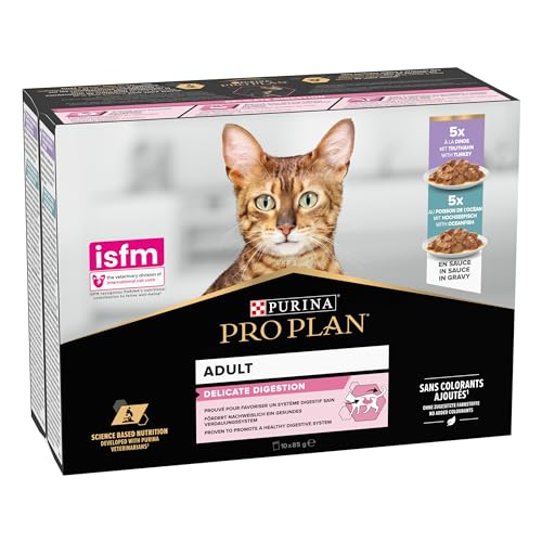 Purina Pro Plan Nassfutter für Katzen, für Erwachsene, Delicate reich an Truthahn und Fisch, 4 Packungen mit 10 Beutel à 85 g von Pro Plan