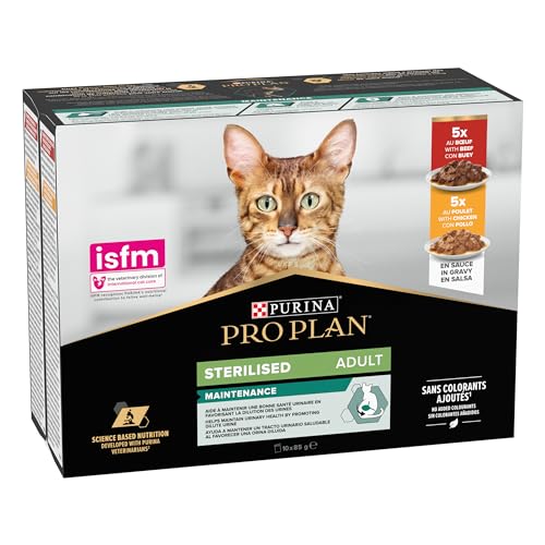 Purina Pro Plan Nassfutter für Katzen, sterilisiert, reich an Huhn und Ochse, 4 Packungen mit 10 Beuteln à 85 g von Pro Plan