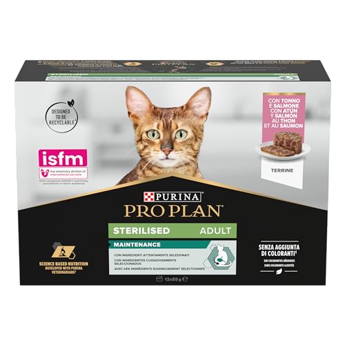 Purina Pro Plan Sterilised Mantainance Nassfutter für Katzen, sterilisiert, Pastete Lachs und Thunfisch, 12 Dosen à 85 g von Pro Plan