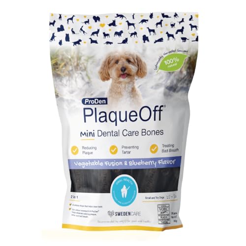 ProDen PlaqueOff Mini Dental Knochen für kleine Hunde und Zwerghunde, Gemüsemix und Blaubeere (20er-Packung – 340 g) von ProDen PlaqueOff
