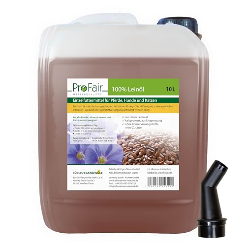 10-Liter-Kanister ProFair Leinöl kaltgepresst, 100% aus Reiner Leinsaat, ohne Zusätze, Einzelfuttermittel für Pferd, Hund und Katze von ProFair