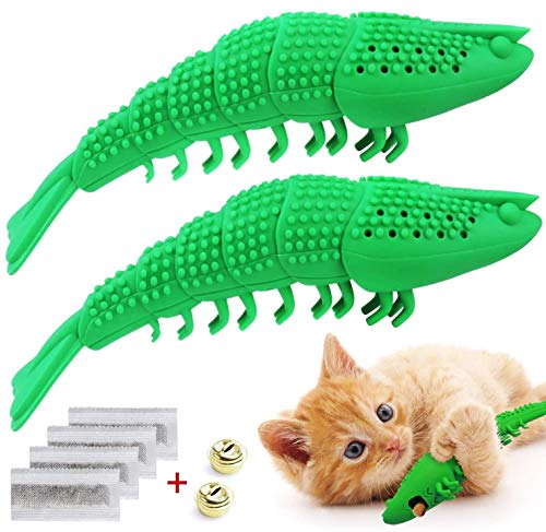 ProLeo Katzenminze Fisch Katzenspielzeug, Zahnbürste Katzenminze Spielzeug Katzen Zahnreinigung Kauspielzeug, Garnelenform, Silikon, 2 Stücke von ProLeo