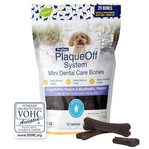 ProDen PlaqueOff Mini Dental Knochen für kleine Hunde und Zwerghunde, Gemüsemix und Blaubeere (20er-Packung – 340 g) von ProDen PlaqueOff