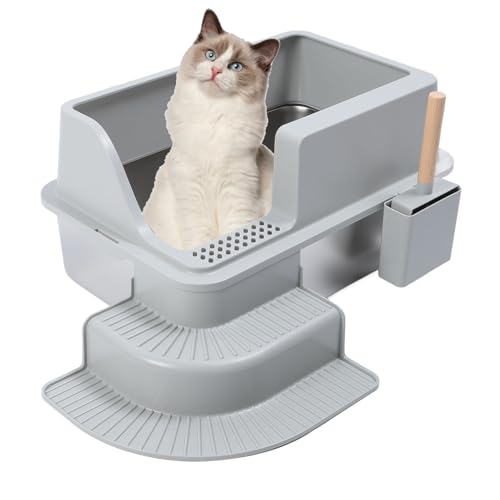 Katzentoiletten, Extra Große Katzentoilette aus Edelstahl für Große Katzen mit Streuschaufel und Halter, Auslaufsicher und Leicht zu Reinigen, Geschlossene Katzentoilette, 23 X von Pssopp