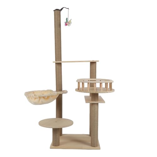 Mehrstufiger Katzenkletterturm mit Hängematte, Hanfseil überzogener Kratzbaum, baumelndes Spielzeug, stabile Struktur, platzsparend von Pssopp