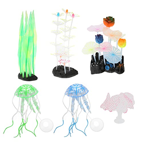 Pssopp 6pcs Leuchtende Aquarium Dekorationen Simulation Silikon Seetang Silber Lotus Lotusblatt Feder Korallen Quallen Ornamente von Pssopp