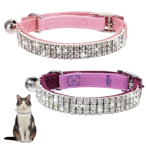 2 Stück Katzenhalsband, Halsband Katze Mit Glitzersteinen Und Glöckchen Verstellbar Halsbands Weiches Katzen Halsbands 18-19 cm Für Alle Hauskatzen von Psyqtsuary