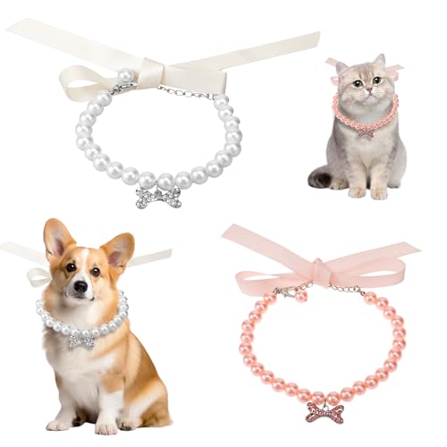 Psyqtsuary Set mit Perlenhalsbändern und Perlen für kleine Hunde und Katzen, ausgefallene Katze, Hochzeitshalsband, Schmuck mit glitzernden Strasssteinen für Mädchen, Katzen, Welpen, Hochzeit, von Psyqtsuary