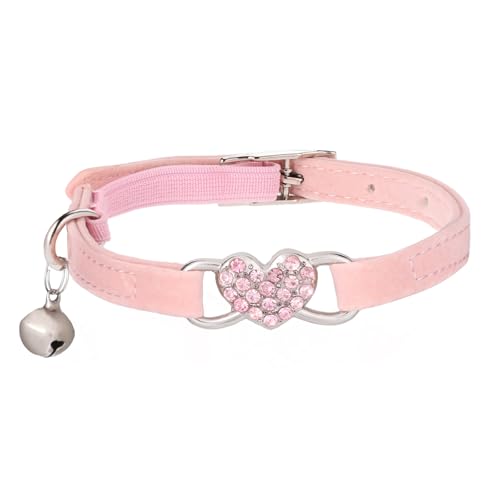 Rosa Herz Bling Katzenhalsband, Katzenhalsband mit Glöckchen und Sicherheitsgurt, verstellbar, niedliches Katzenhalsband, glitzerndes Diamant, Haustierzubehör für kleine Hunde und Katzen von Psyqtsuary