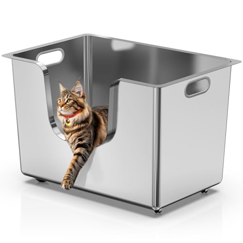 Geschlossene Edelstahl-Katzentoilette, 35,1 cm hohe Seiten, extra große Katzentoilette für große Katzen, XL Metall-Kitty-Katzentoilette, Haustier-Toliet mit Rädern für einfache Mobilität, von Ptlom