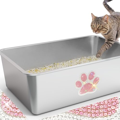 Katzentoilette aus Edelstahl, hohe Seite, XL-Metall-Katzentoilette mit glitzernder Pfote, Kätzchentoilette, Haustierreinigungswerkzeug für große und kleine Katzen, Kaninchen, antihaftbeschichtet, von Ptlom