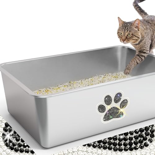 Katzentoilette aus Edelstahl, hohe Seite, XL-Metall-Katzentoilette mit glitzernder Pfote, Kätzchentoilette, Haustierreinigungswerkzeug für große und kleine Katzen, Kaninchen, antihaftbeschichtet, von Ptlom