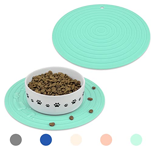 Ptlom Haustierfuttermatte für Hunde und Katzen, 2 Stück, Matte zur Verhinderung von Überlaufen von Futter und Wasser, geeignet für mittelgroße und kleine Haustiere, Silikon, 24,1 cm, 24,1 cm, Grün von Ptlom