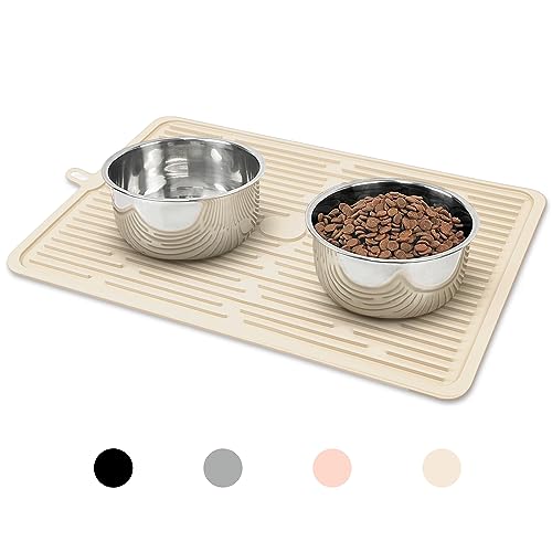 Ptlom Pet Placemat for Dog and Cat,Anti Slip Waterproof Dogs Feeding Mat Prevent Food and Water Overflow, Bowl Mats Suitable for Medium and Small Pets, Silicone, Beige, L von Ptlom