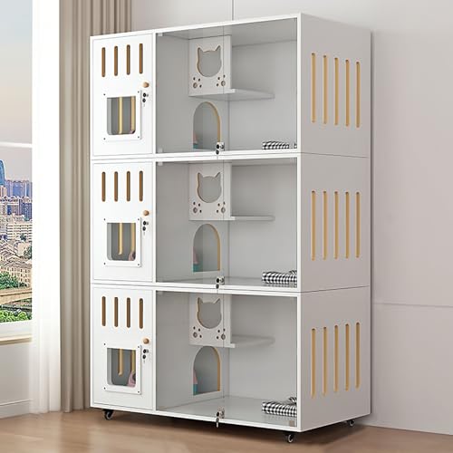 3-lagiger Katzenkäfig aus Holz, Katzenschrank, Katzenlaufstall, Großer Platz, Universalräder, mit Schloss, Katzenhaus, für Katzen, Frettchen, Chinchilla(White) von Pucaru