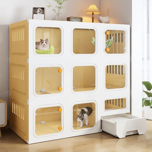 3-stöckiger Katzenkäfig für den Innenbereich, DIY-Katzengehege, Katzenvilla, Katzenhaus mit Katzentoilette, Einfache Installation, für 1–2 Katzen(Yellow) von Pucaru