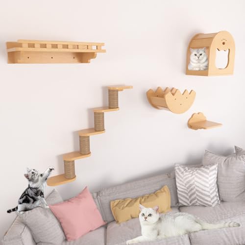 An der Wand Montierte Katzen Wand Klettern, Katzenwandmöbel-Set, Katzenregale und Sitzstangen für die Wand, Verdicktes Brett, Stark und Stabil(Style5) von Pucaru