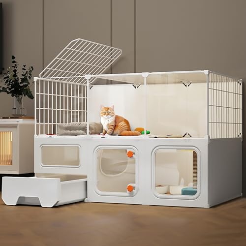 DIY-Haustierzaun, Panorama-transparente Katzengehege, Katzentransportbox mit Katzentoilette, Mehrschichtige Plattform, Extra Großer Platz(107x47x72cm) von Pucaru