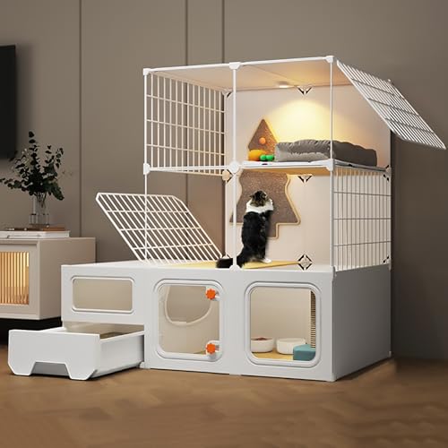 DIY-Haustierzaun, Panorama-transparente Katzengehege, Katzentransportbox mit Katzentoilette, Mehrschichtige Plattform, Extra Großer Platz(A-107x47x107cm) von Pucaru